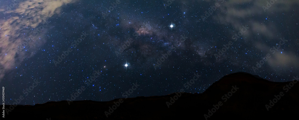 银河系和恒星。全景蓝色夜空，银河系和黑暗背景下的恒星。宇宙充满了wi