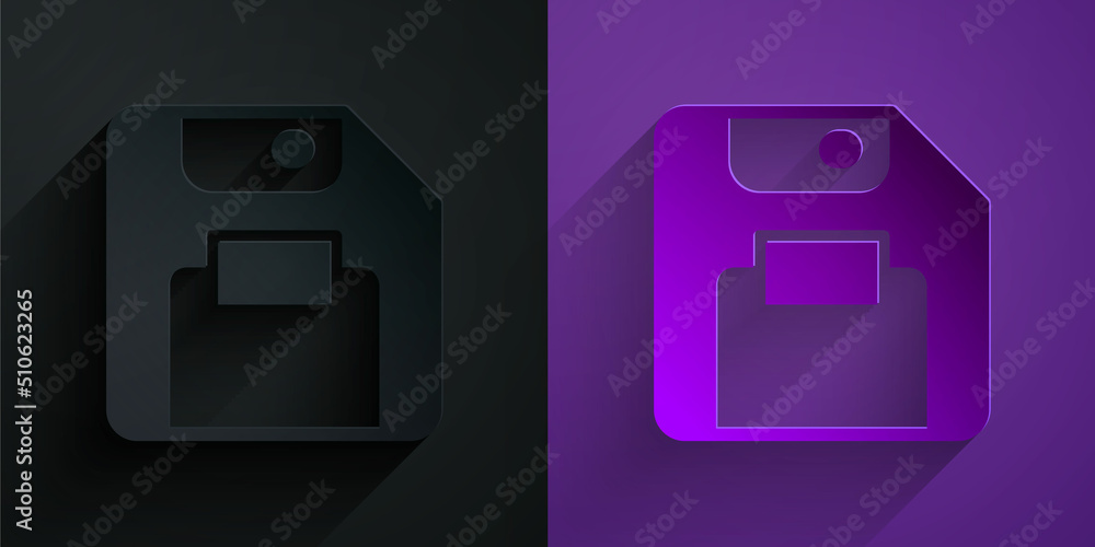 用于计算机数据存储的剪纸软盘，图标隔离在紫色背景上的黑色。Diskett