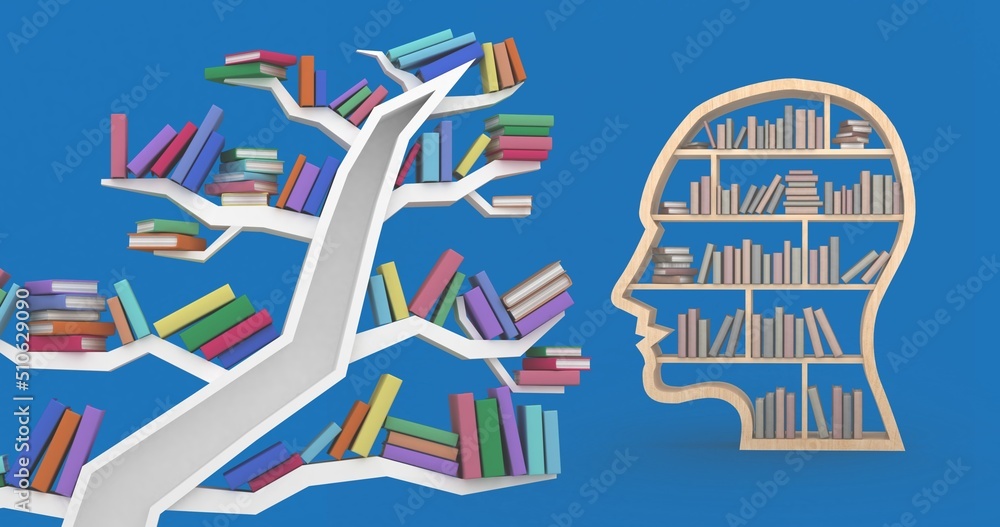 Illustration of tree shaped book shelves and human face with books against blue background