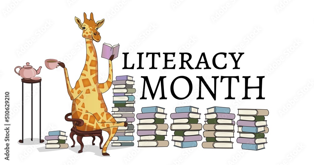 长颈鹿的插图，椅子上放着咖啡看书，书堆上写着识字月的文字