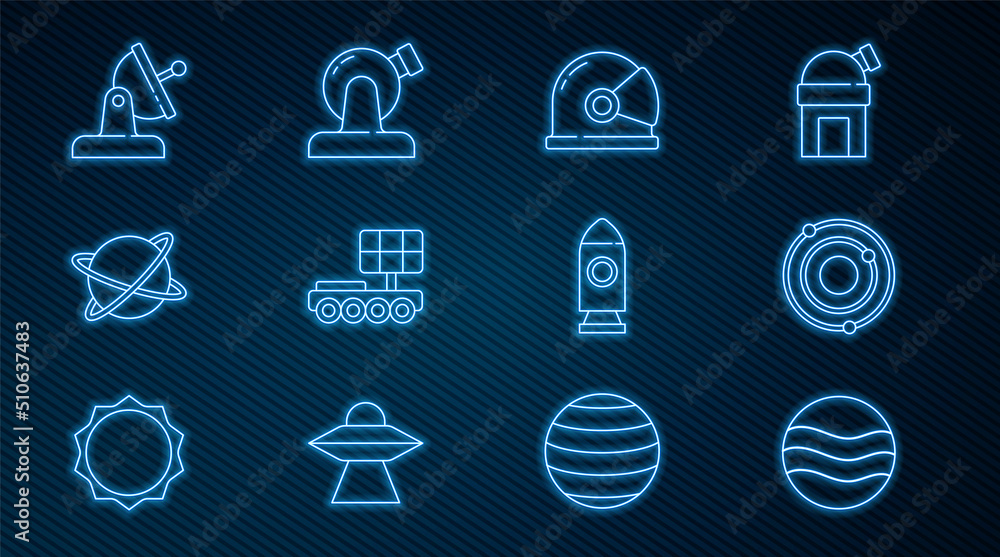 设定线行星，太阳系，宇航员头盔，火星车，绕行星运行的卫星，碟形，R