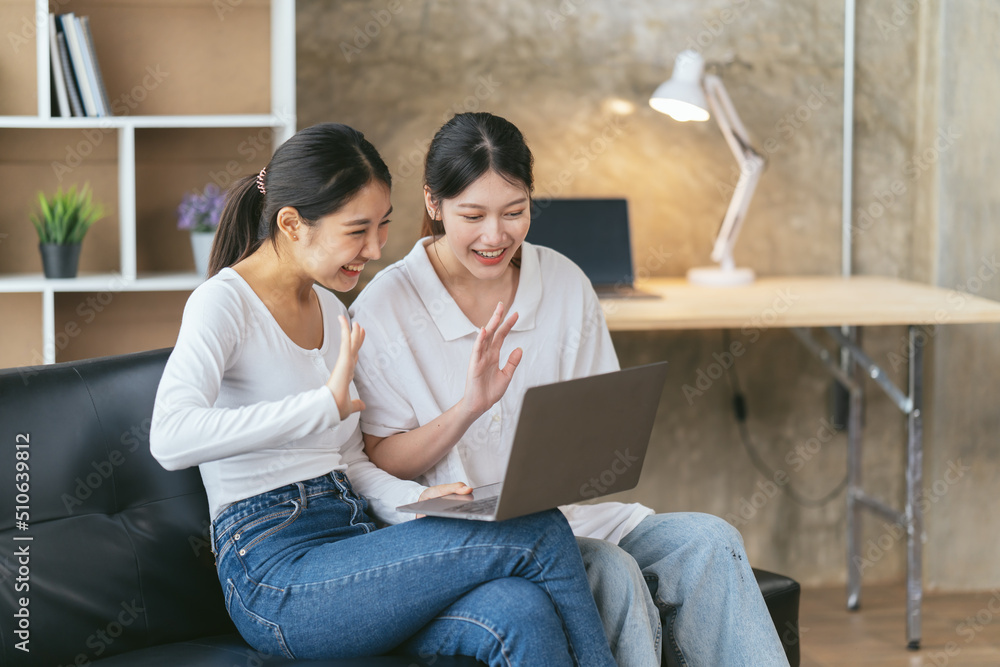 两个年轻的女性朋友一起在笔记本电脑上上网，视频会议，在家工作