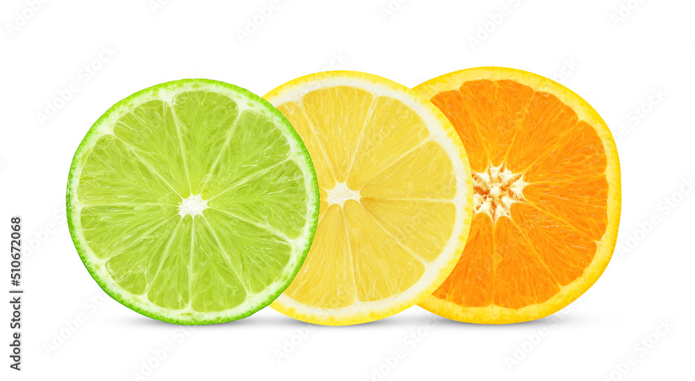 Half of fresh lime lemon and orange isolated on white background.