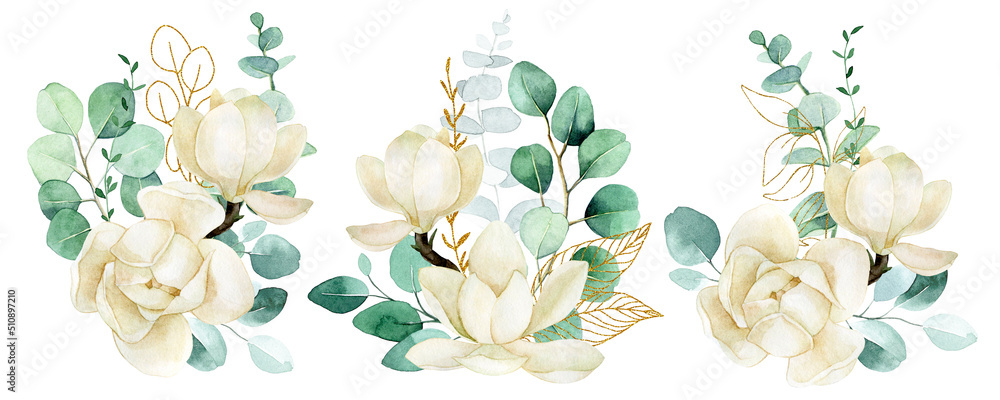 水彩画。一组白色木兰花、桉树叶和金色杜鹃花的花束