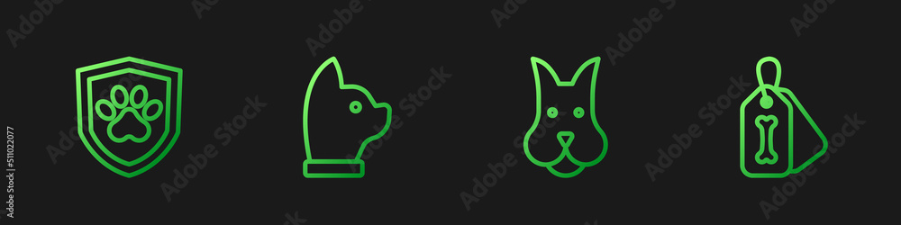 Set line Dog, Animal health insurance, Cat and collar with bone. Gradient color icons. Vector