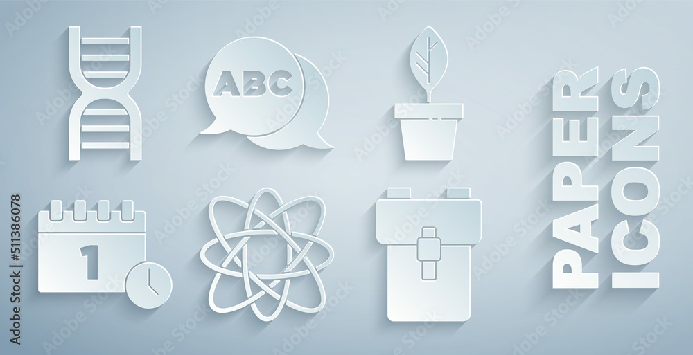 设置原子，盆栽，日历9月1日，学校背包，字母表和DNA符号图标