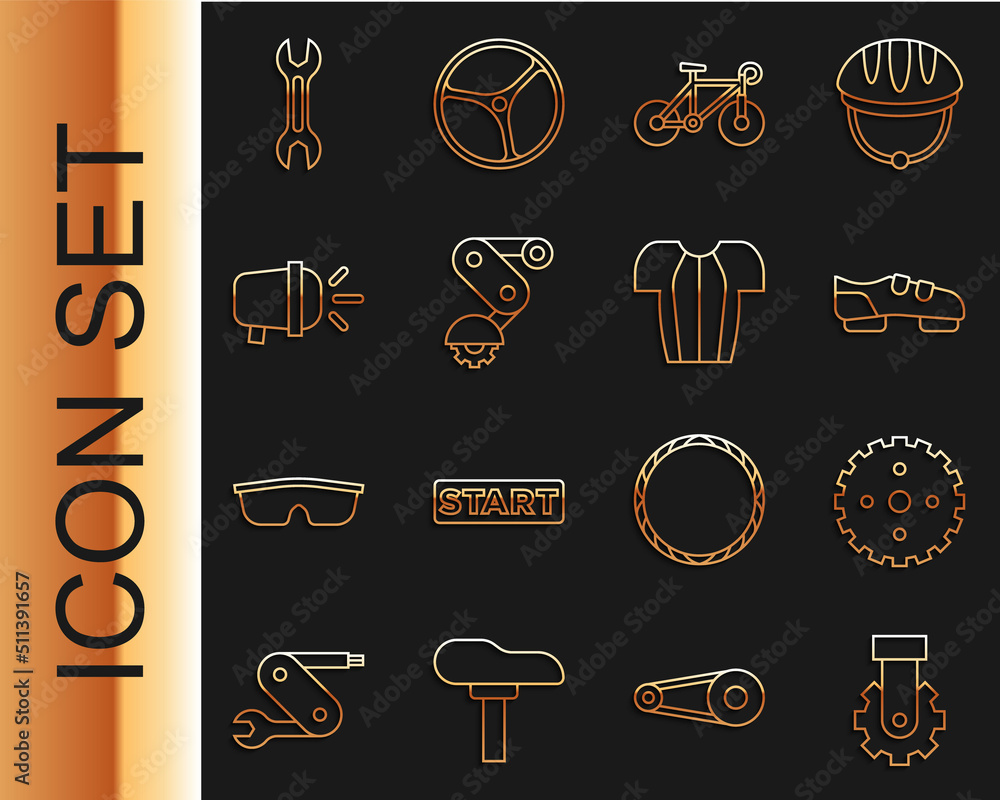 设定线Deraileur自行车后部，自行车链轮曲柄，鞋子，头灯，扳手和自行车