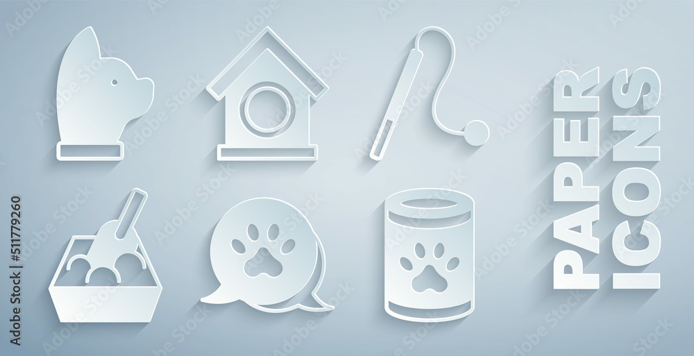 套装爪印，宠物猫玩具，带铲子的猫砂托盘，罐头食品，狗舍和图标。矢量
