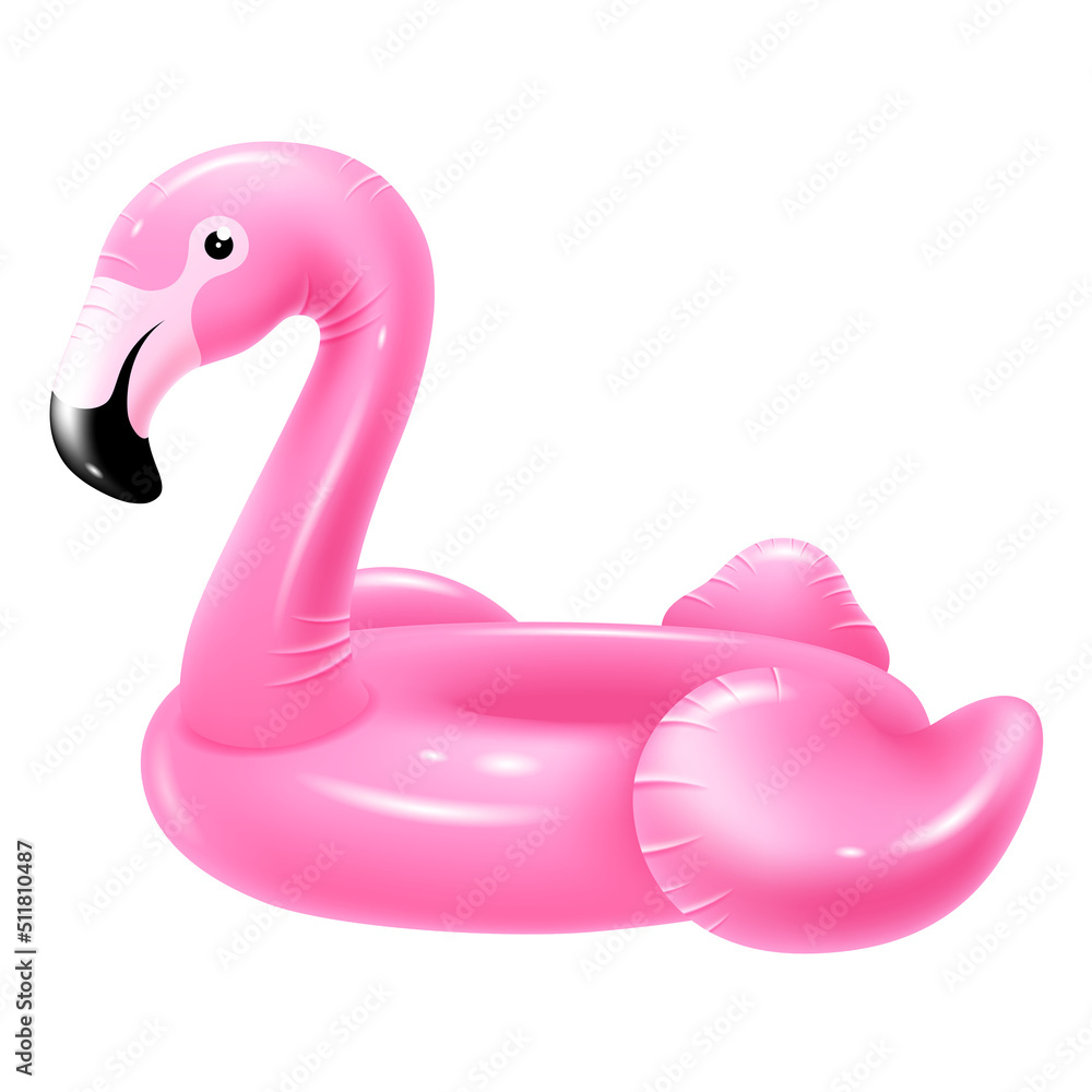 粉红色火烈鸟形状的充气橡胶游泳圈。适合在游泳池、海边和海滩上休闲。