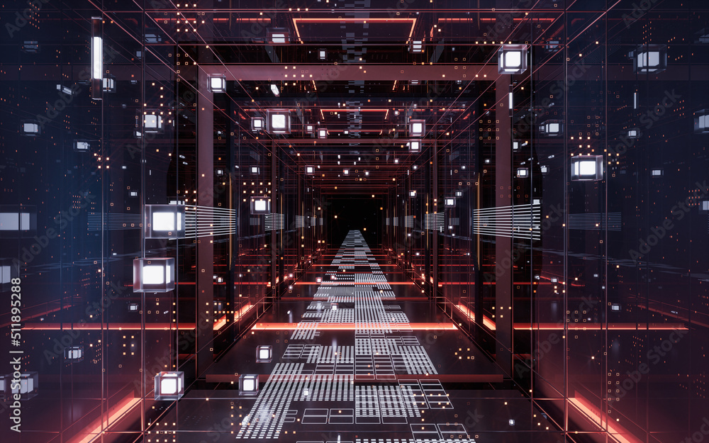 数字网络空间，科幻概念隧道，三维渲染。
