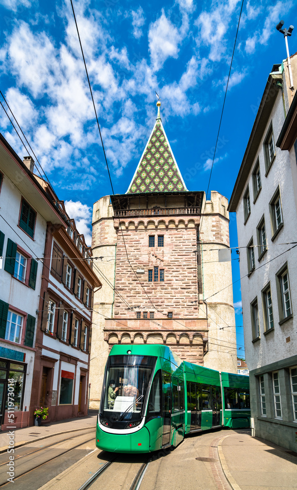 Spalentor historic city gate and a tram in Basel, Switzerland