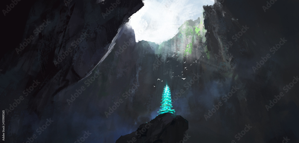 Mysterious pagoda hidden at the bottom of the valley, 3D illustration.