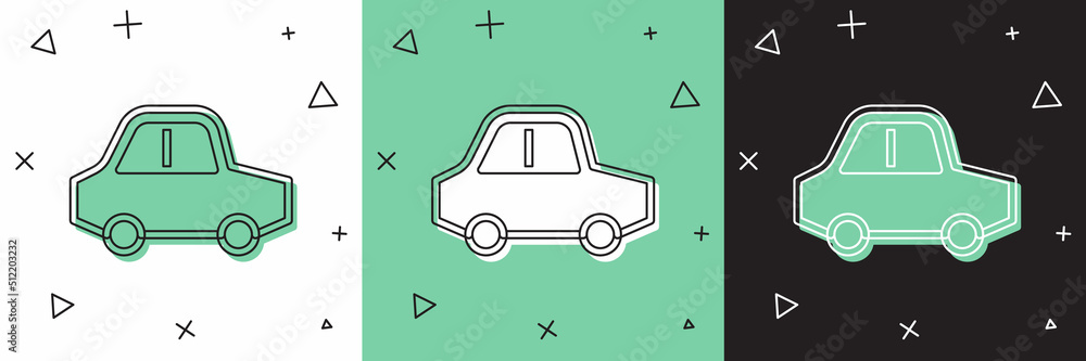 Set Toy car icon isolated on white and green, black background. Vector