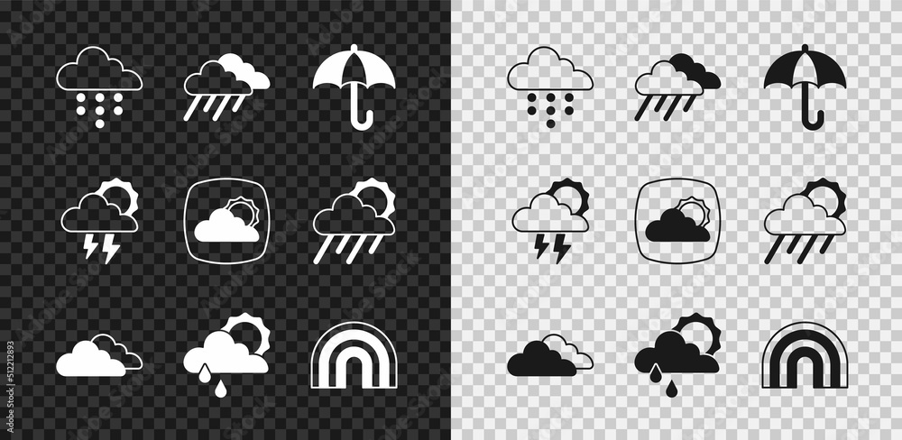 以雨、雨伞和太阳、彩虹、风暴和天气预报图标设置云层。矢量