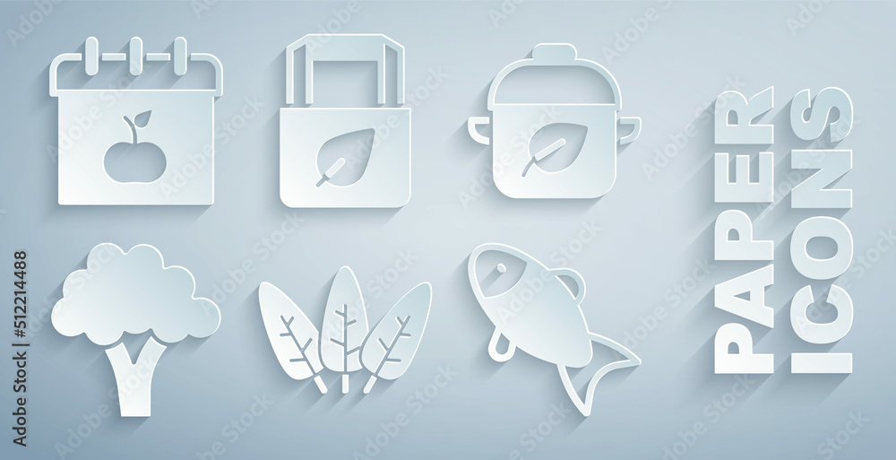 Set Leaf，Vegan food diet，Broccoli，Fish，Shopping bag with recycle and World Vegetarian day icon（绿叶菜，素