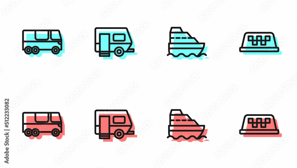 Set line Cruise ship, Bus, Rv Camping trailer and Taxi car roof icon. Vector