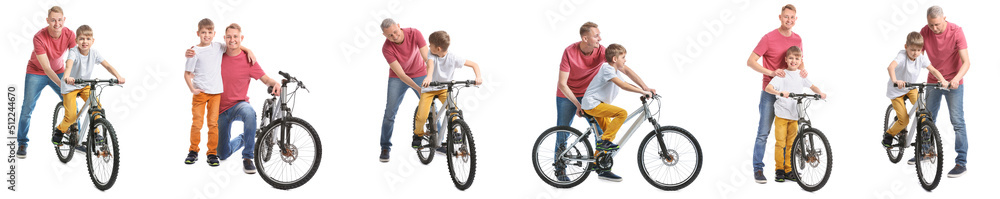 白底骑自行车的小男孩和他的父亲