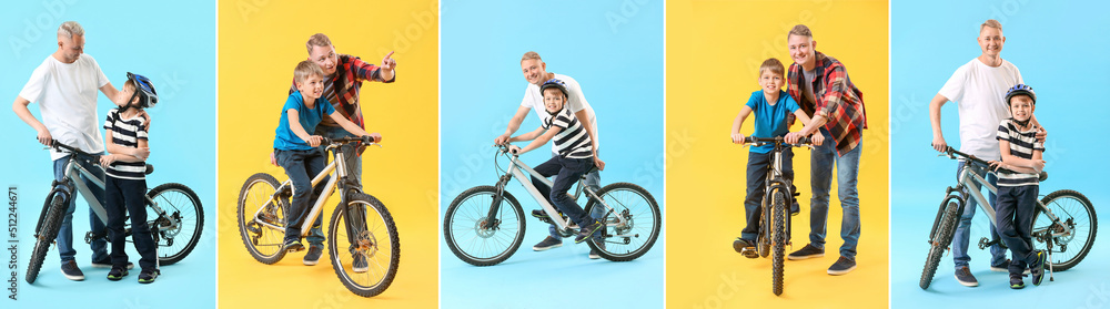 Set of little boy and his father with bicycle on color background