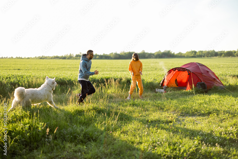 这对年轻夫妇和他们的狗玩耍，在大自然中带着帐篷愉快地度过夏天。兰