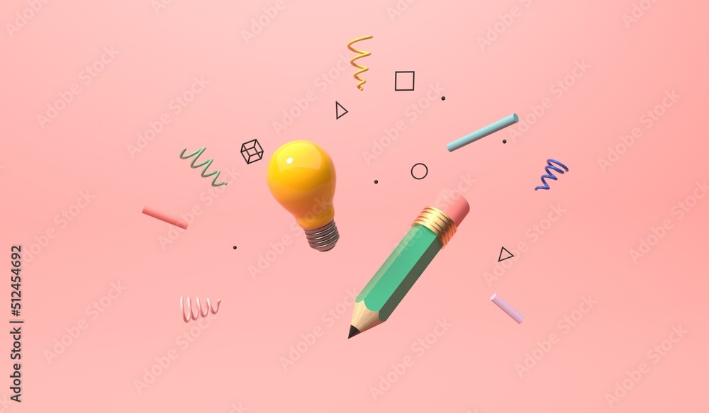 带灯泡和铅笔的教育和学校主题-3D渲染
