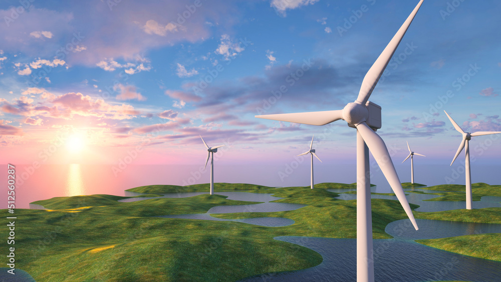 海上风电场景观。日落时的风车，绿色能源或可再生能源概念