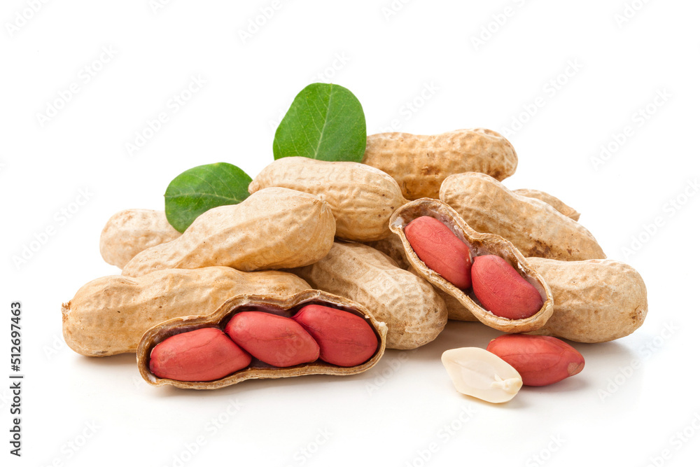 group of peanuts with leaves isolated on white background.