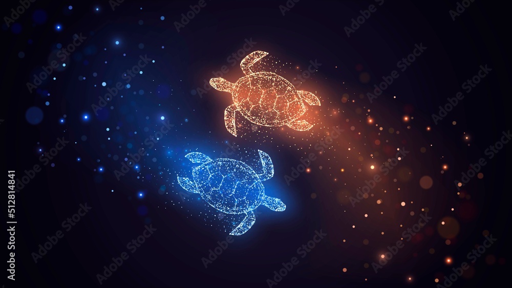 蓝色和橙色海龟由发光的火花和粒子组成，阴阳对立的概念