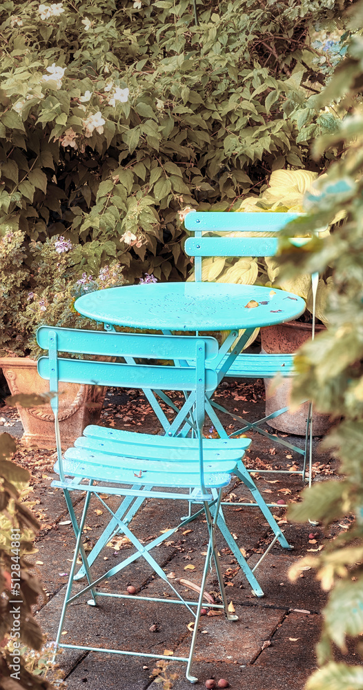 两把庭院椅和一张蓝色金属桌子，放在一个宁静的私人花园里，花园里种着绿色植物。Com