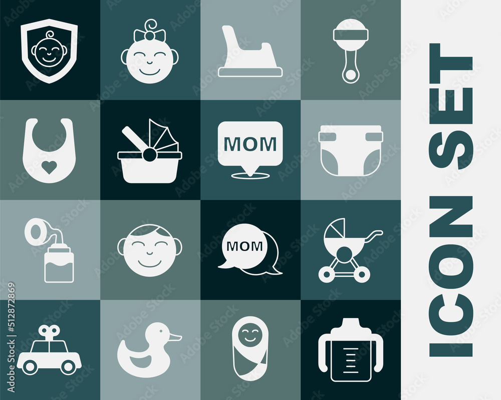 Set Baby bottle, stroller, diaper, potty, bib, on shield and Speech bubble mom icon. Vector