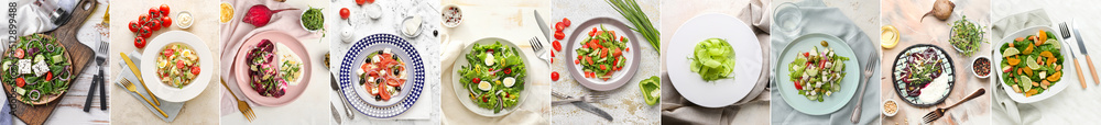 Set of delicious salads with vegetables on light background, top view