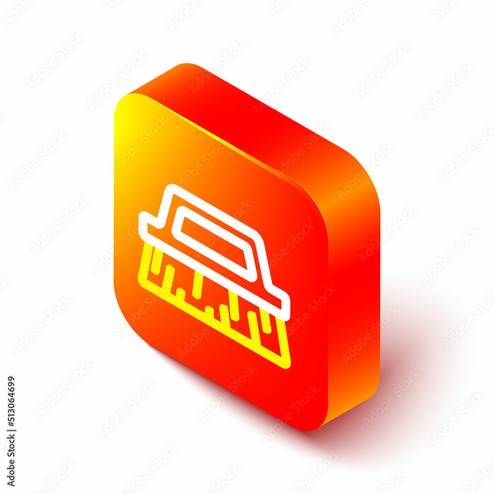Isometric line Brush for cleaning icon isolated on white background. Orange square button. Vector