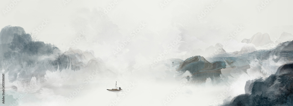 中国风意境山水画背景插图