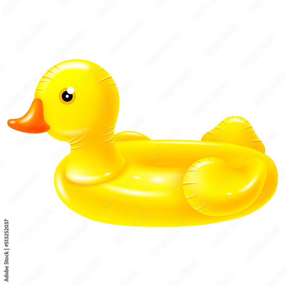 黄色鸭子形状的充气橡胶游泳圈。可爱有趣的玩具，适合孩子们在便便处休闲