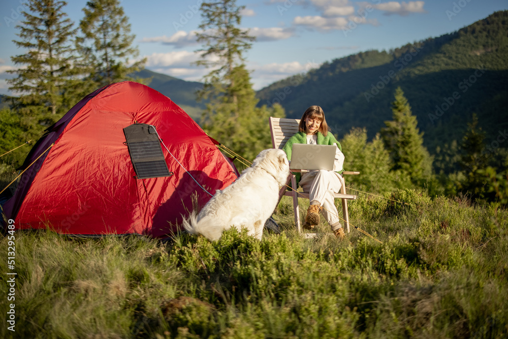 Young woman works on laptop while traveling with tent and dog in the mountains. Charging computer wi