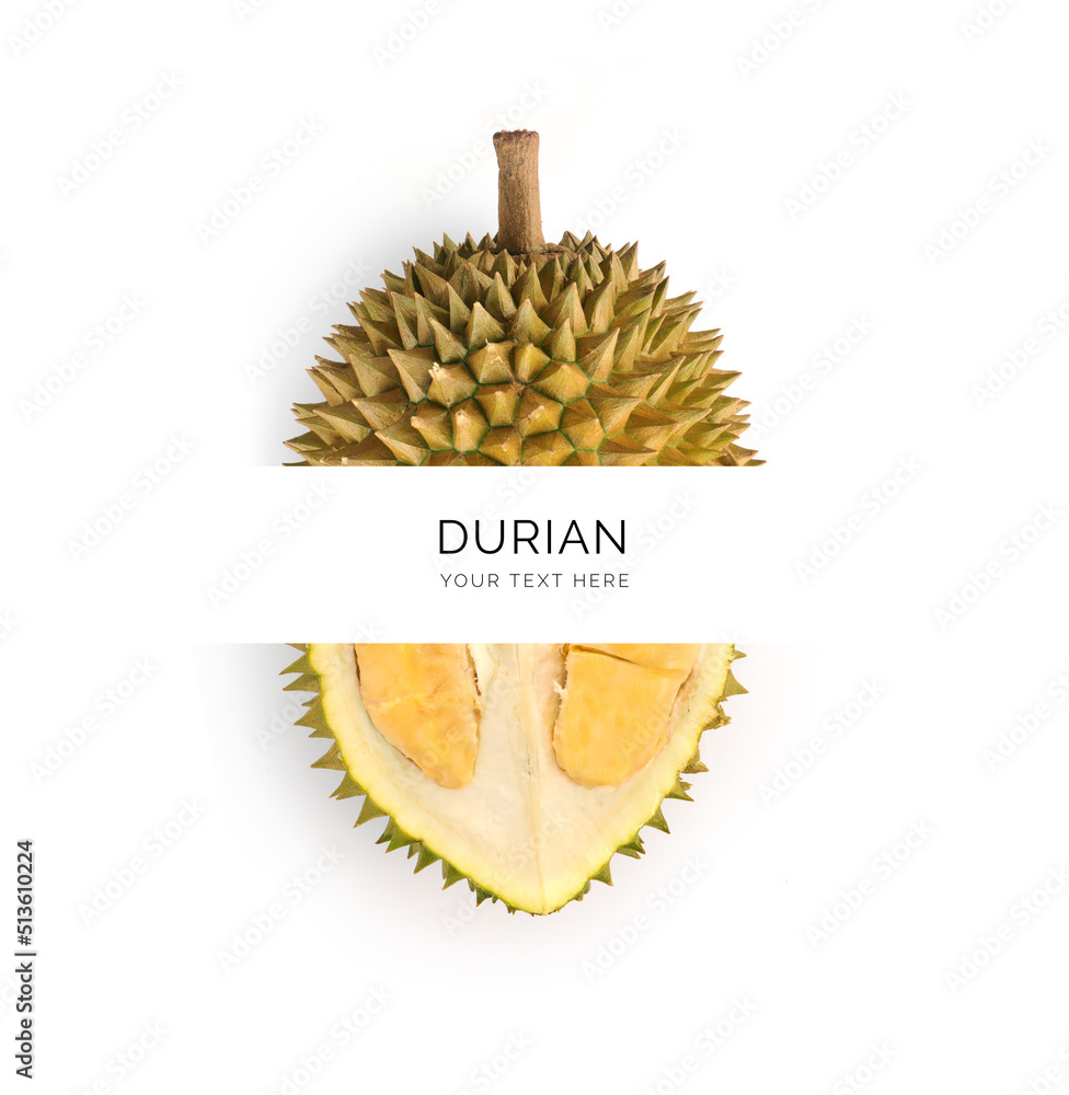 Creative layout made of durian on the white background. Flat lay. Food concept. Macro  concept.