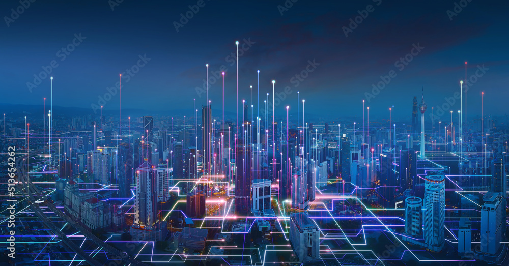 Smart city and abstract line and dot connect with gradient line design , big data connection technol