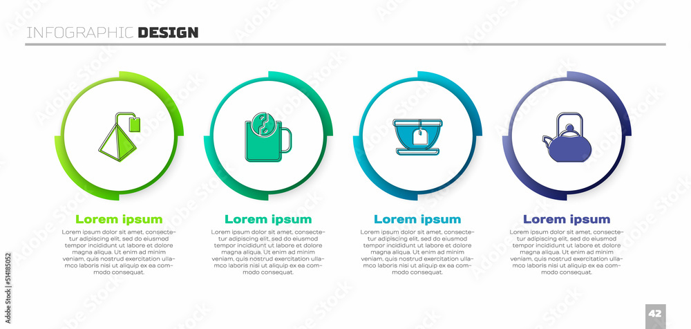 Set Tea bag, time, Cup with tea and Kettle handle. Business infographic template. Vector