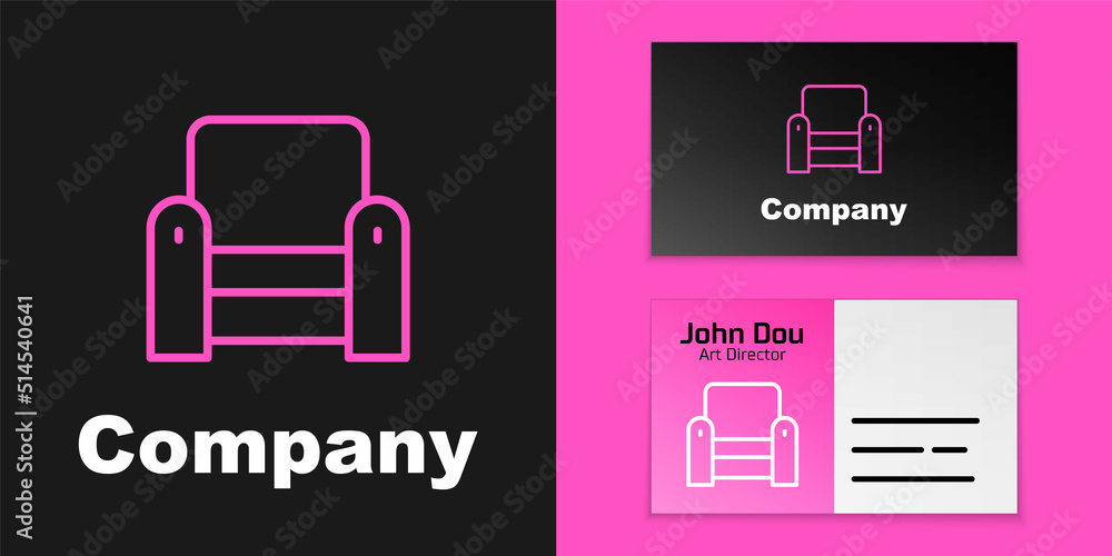 粉色线条扶手椅图标隔离在黑色背景上。徽标设计模板元素。矢量