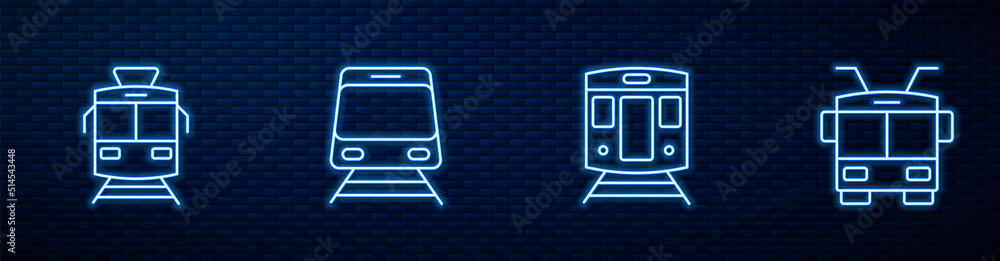 Set line Train and railway, Tram, and Trolleybus. Glowing neon icon on brick wall. Vector