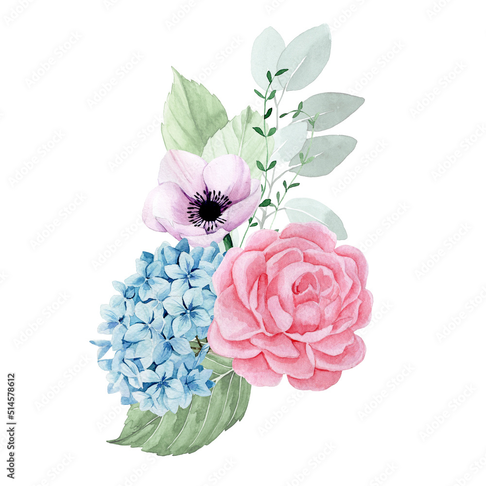 水彩画。花束，与花园花朵的构图。粉色玫瑰，牡丹，蓝色绣球花a