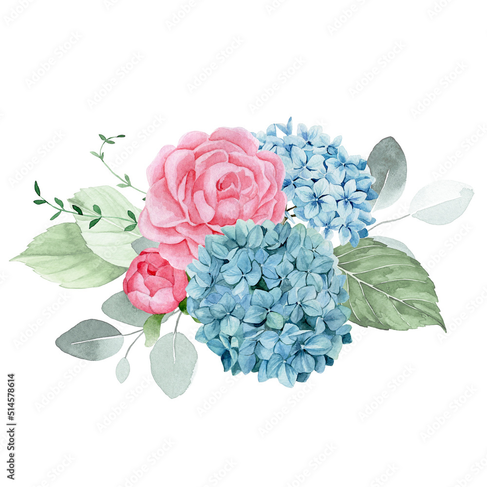 水彩画。花束，与花园花朵的构图。粉色玫瑰，牡丹，蓝色绣球花a