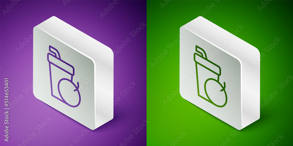 等距线新鲜奶昔图标隔离在紫色和绿色背景上。银色方形按钮。Ve
