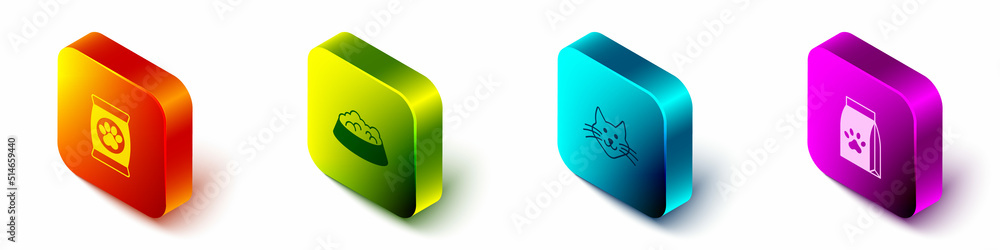 Set Isometric Bag of food for pet, Pet bowl cat dog, Cat and icon. Vector