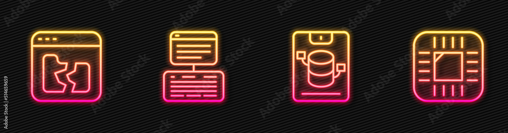Set line Server, Data, Web Hosting, Broken file, and Processor with CPU. Glowing neon icon. Vector