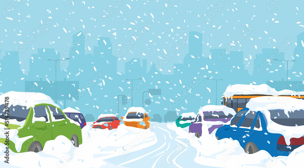 自然灾害。大雪导致汽车被雪掩埋，造成交通拥堵。