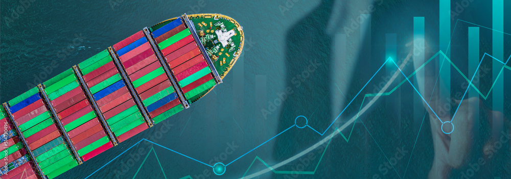 带业务图分析的集装箱船鸟瞰图，全球业务进出口物流运输