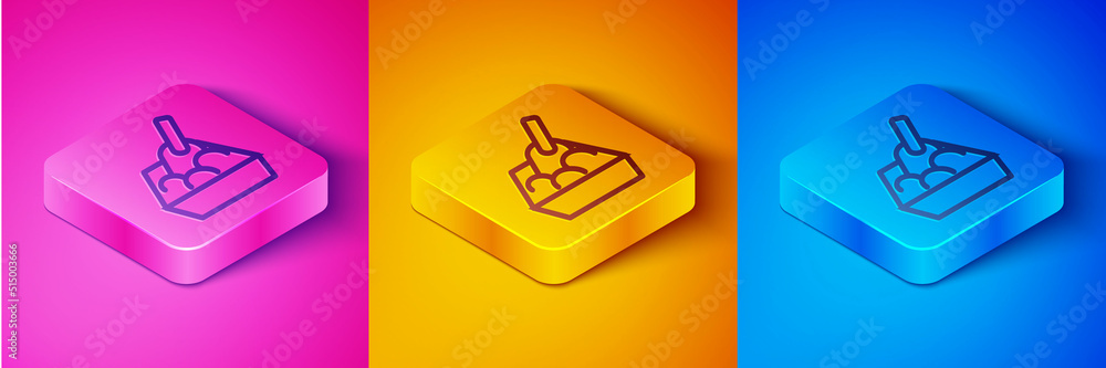 Isometric line Cat litter tray with shovel icon isolated on pink and orange, blue background. Sandbo
