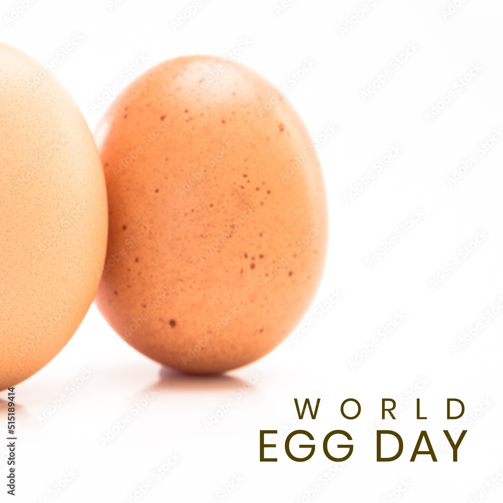 白色背景下的棕色鸡蛋和世界鸡蛋日文本的数字合成图像，复制空间
