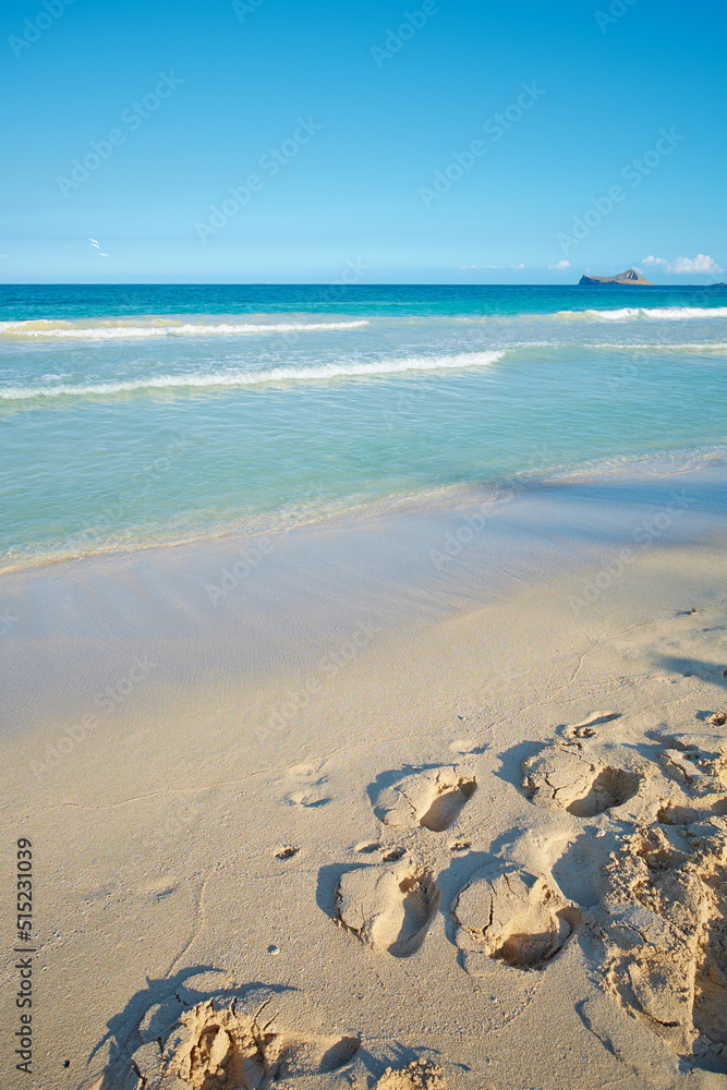 海浪冲上沙滩海岸，在一个热带和异国情调的度假胜地留下了清晰的蓝色足迹
