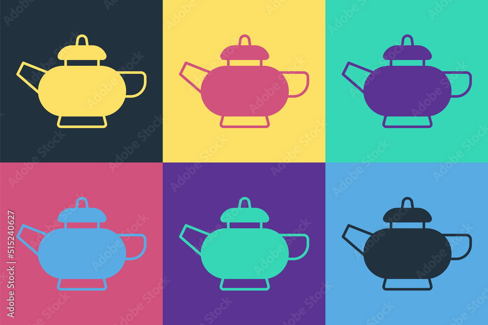 流行艺术中国传统茶道图标隔离在彩色背景上。带杯子的茶壶。矢量